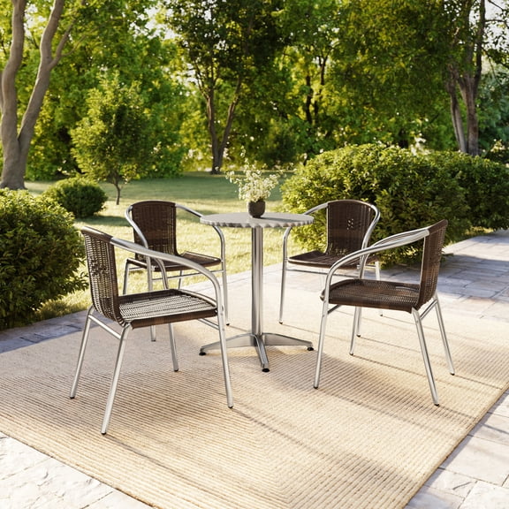 Flash Furniture 4 Pack Commercial Aluminum and Dark Brown Rattan Indoor-Outdoor Restaurant Stack Chair