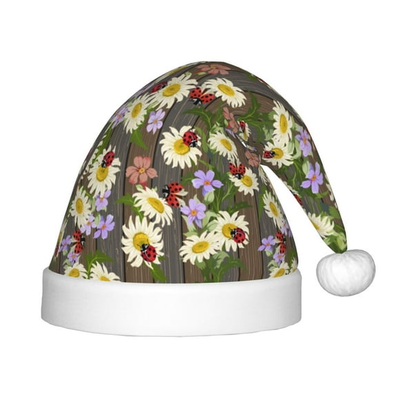 Fuzoiu Ladybugs And Flowers On A Wooden Print Santa Hat Christmas Hat for kids,Santa Hats with Pompom, Unisex Xmas Holiday Hat for Christmas New Year Festive Party Supplies