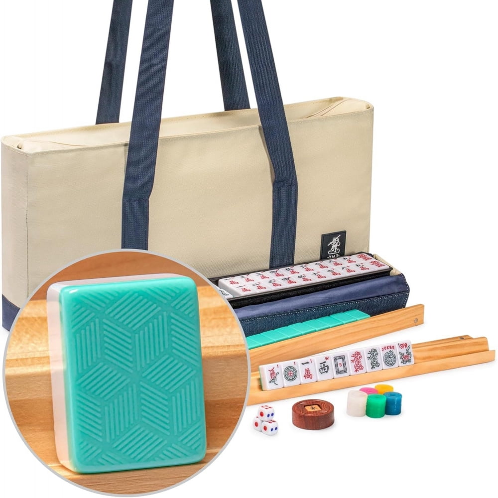 American Mahjong Set - 166 premium white mahjong tiles, 4 integrated tile holders/pushers, canvas bag