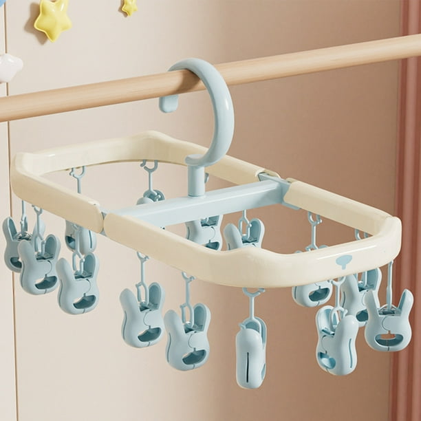 Tendedero plegable multifuncional con 14 pinzas | Percha compacta para pantalones, calcetines y accesorios | Diseño de pinza resistente al viento para un secado seguro | Amarillo, rosa, azul