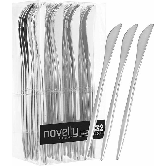 Novelty Modern Flatware Cutlery Disposable Dessert Plastic Silver Knives 32 Ct