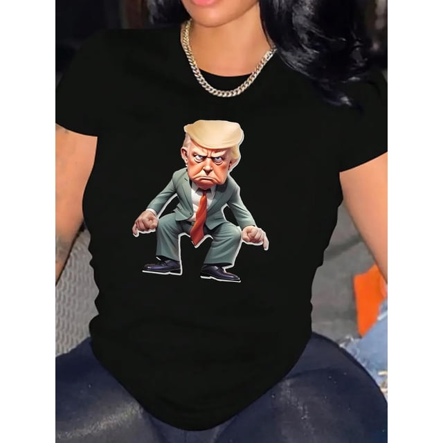 Casual Portrait Graphic Print T-Shirt for Women, Fashion Trendy Crew Neck Short Sleeve, Comfortable Summer Top, Polyester Knit Fabric with Spandex, Medium Stretch, All-Season Wear