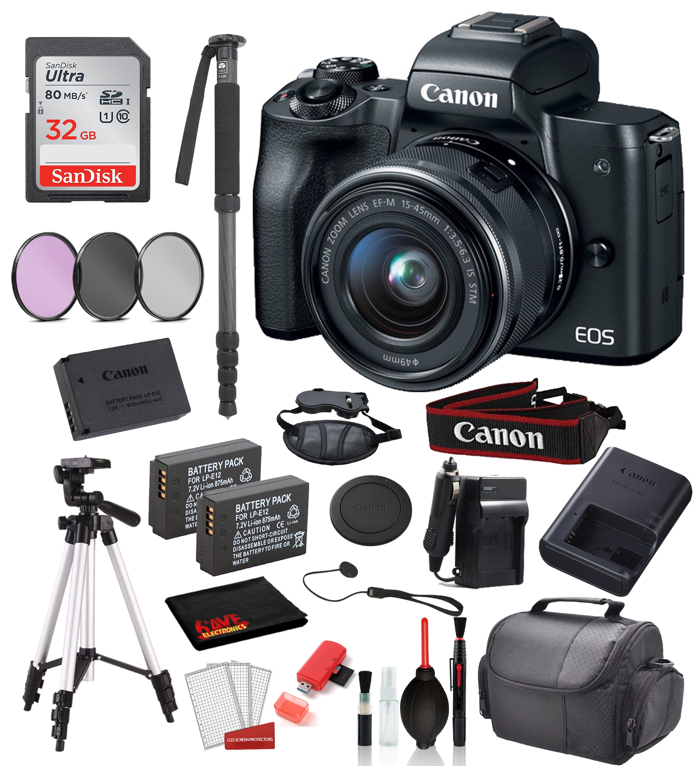 Canon EOS M50 Mirrorless Digital Camera with 15-45mm Lens (Black) 18PC Professional Package Bundle SanDisk 32gb SD + Replacement Battery (2CT) + 57" Tripod + MORE - Walmart.com