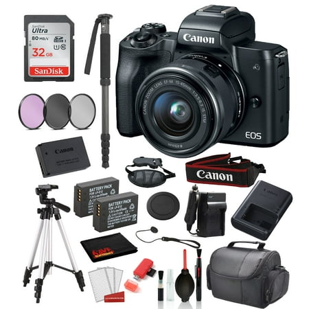 Canon EOS M50 Mirrorless Digital Camera with 15-45mm Lens (Black) 18PC Professional Package Bundle SanDisk 32gb SD + Replacement Battery LPE12 (2CT) + 57" Tripod + MORE