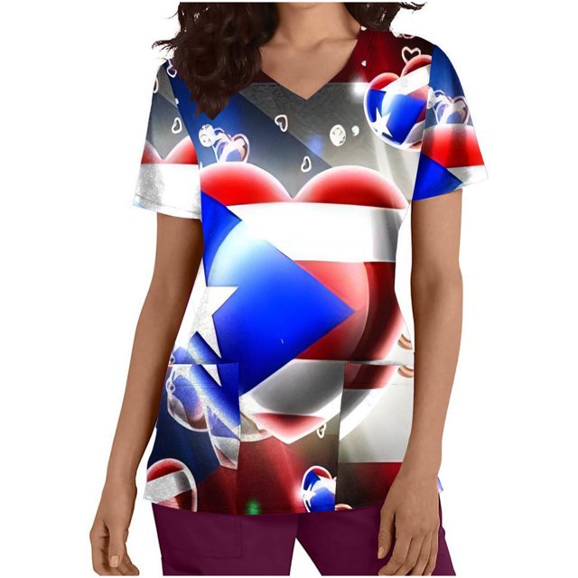 Birdeem Womens Fashion Short Sleeve V-Neck Tops Working Uniform Independence Day Printing with Pocket Blouse Tops