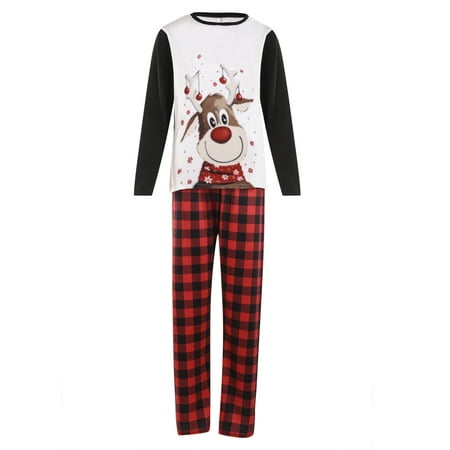 

Nokiwiqis Christmas Elk Raglan Tops and Plaid Trousers Parent-child Pajamas