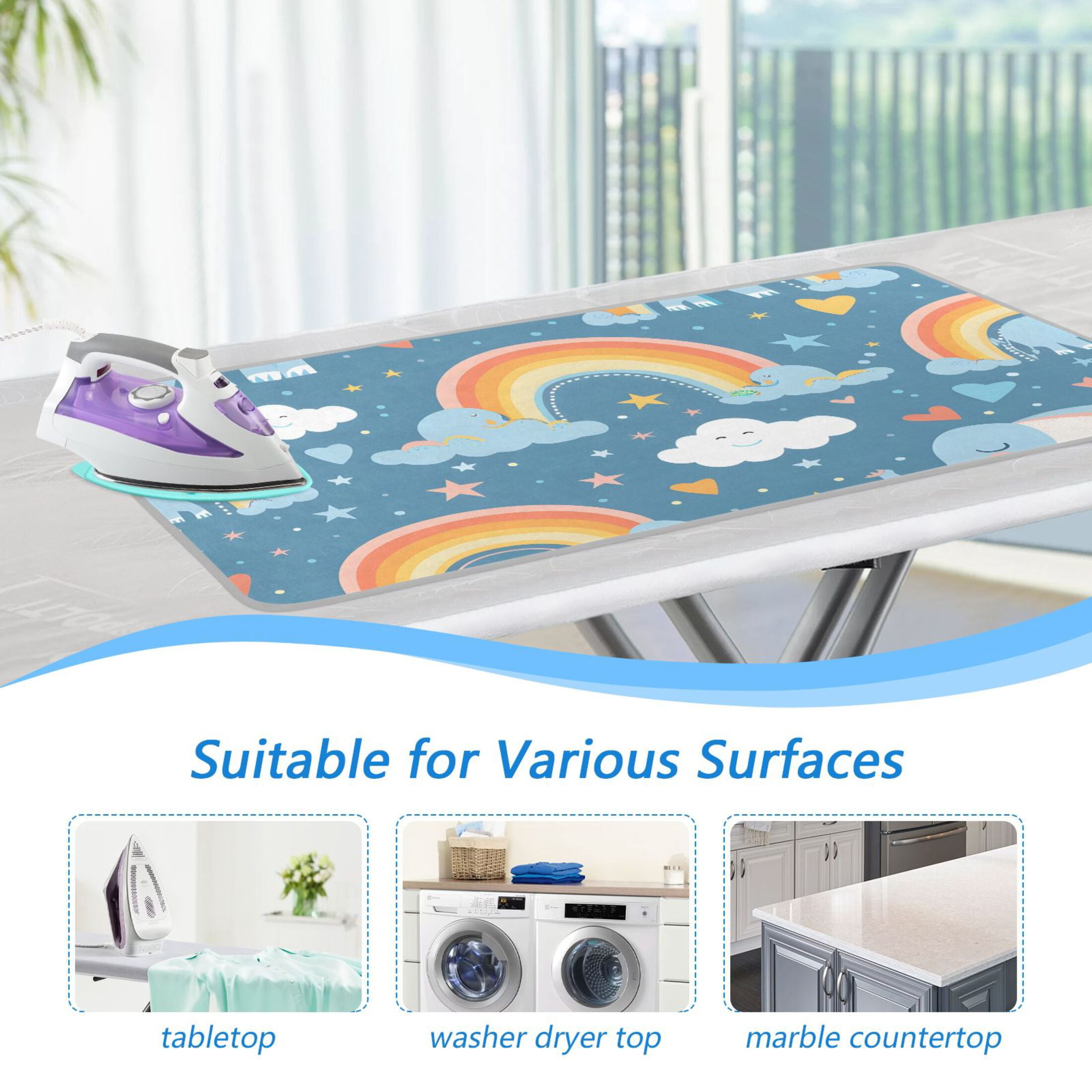 Cute Elephants Clouds Rainbows Hearts Stars Ironing Mat Blanket Portable Travel Ironing Pad Heat Resistant Pad 47.2" x 27.6”