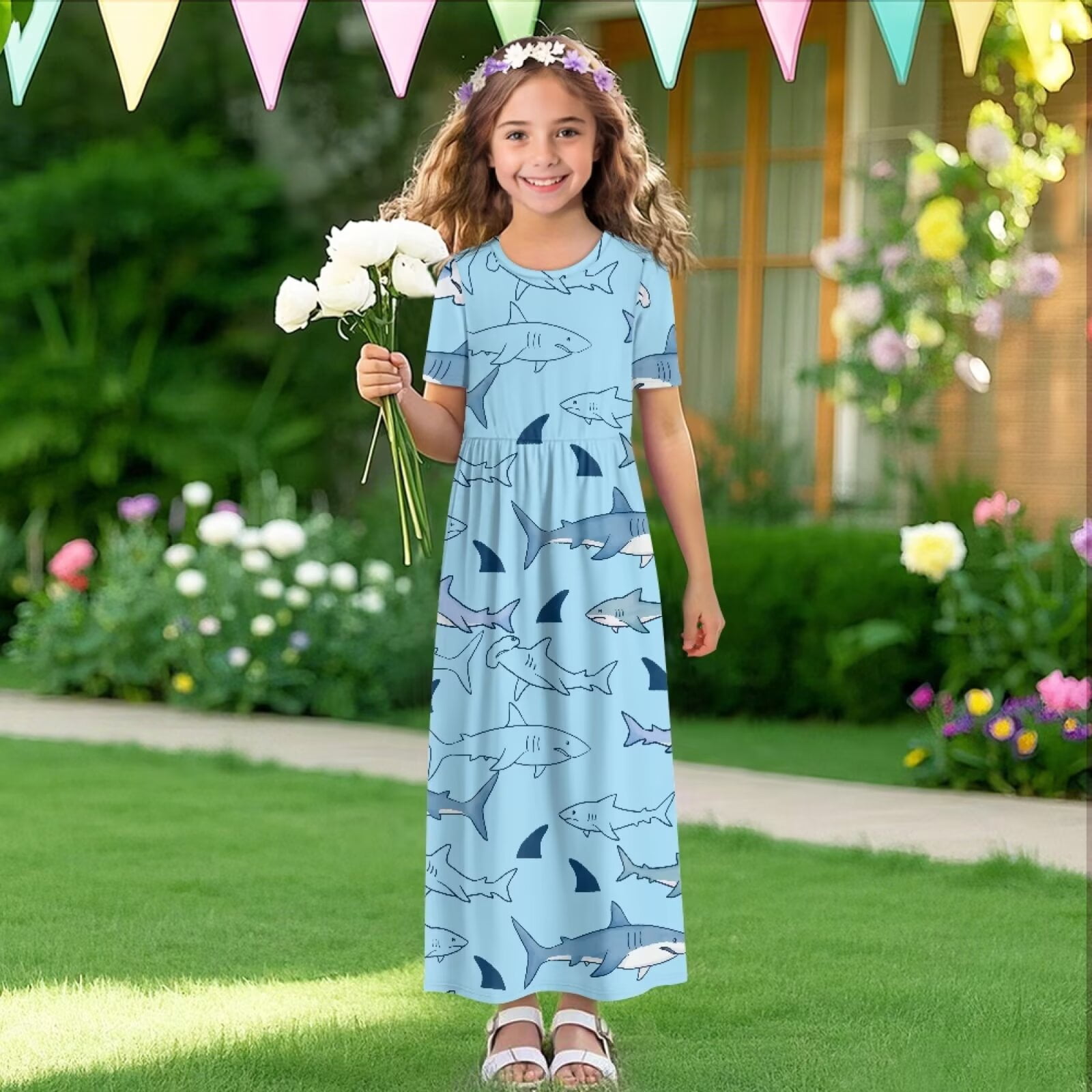 Uourmeti Blue Shark Print Girls Maxi Summer Dress with Pocket Short Sleeve Spring Boho Long Sundress Casual School for Kids, Size 5-6 Years