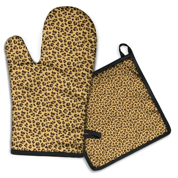 Yellow and Brown Of Cheetah Print Kitchen Oven Mitt and Pot Holder Sets 2 Pcs for Baking, Cooking and Grilling, Heat Resistant Up To 392 °F