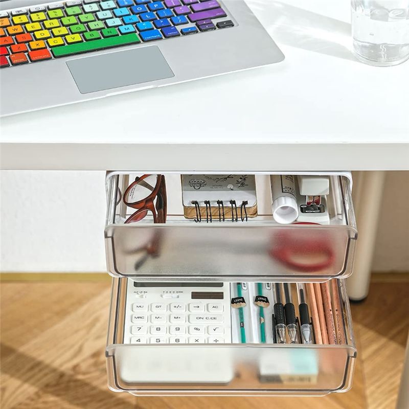 Under Desk Storage Drawer Slide Out, Self-Adhesive Organizer, Attachable Drawer Organizer with 2 Layers White