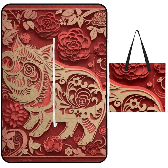 Black And White Ink Flower Outdoor Picnic Blanket, Foldable Waterproof Beach Mat, Portable Beach Blanket for Beach Camping, Hiking, Family Concerts
