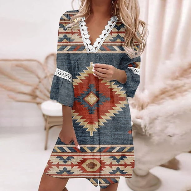 Puntoco Vestido De Manga Corta Con Cuello En V, Vestido De Mujer Estampado De Patchwork De Encaje Con Cuello En V Y Manga Media Azul Marino Xxl