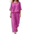 thumbnail image 3 of Jamicy Womens Outfits Set Summer Travel Vacation Airport Outfits Solid Color Short Sleeve Top with Pants Oversized Loungewear Sets, 3 of 7