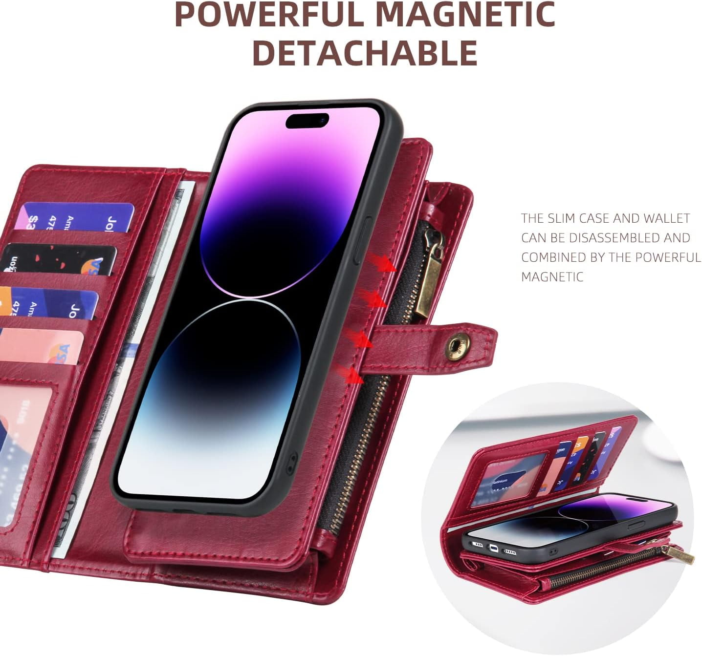Phone Case Wallet Case Compatible for iPhone 15,iPhone 15 Multifunctional 2 in 1 Magnetic Case Wallet,Durable PU Leather Flip Lanyard Strap Wristlet Zipper Card Holder  for iPhone 15