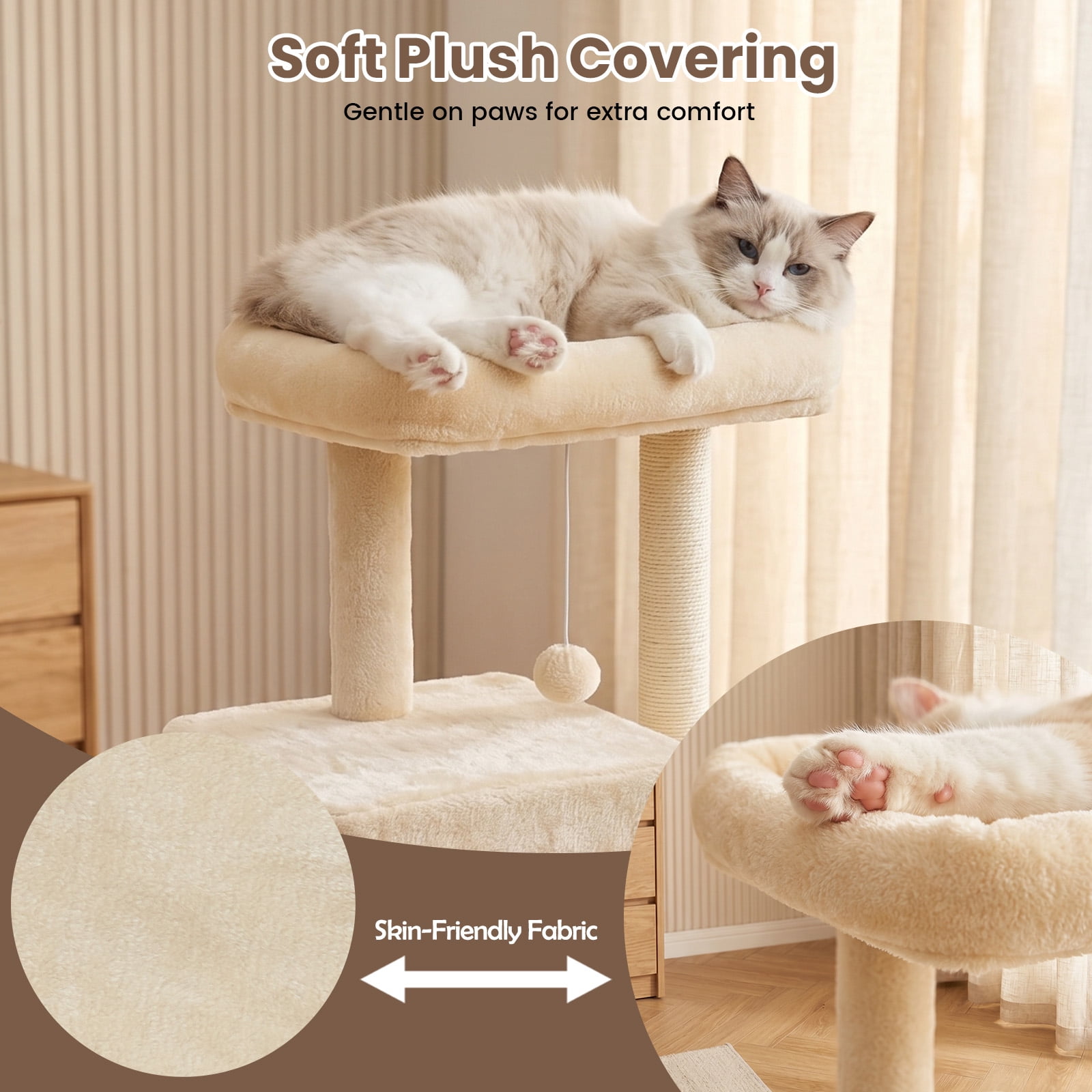 Sturdy 40-inch Cat Tree Tower with Cat Cave & Ramp Steps - Multi-Level Play & Sleep Center for Large Indoor Cats, Beige