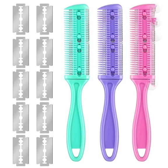 RAGUPEL 3-Piece Razor Comb Set with 10 Stainless Steel Blades, Lightweight Hair Thinning Brush for Salon & Home
