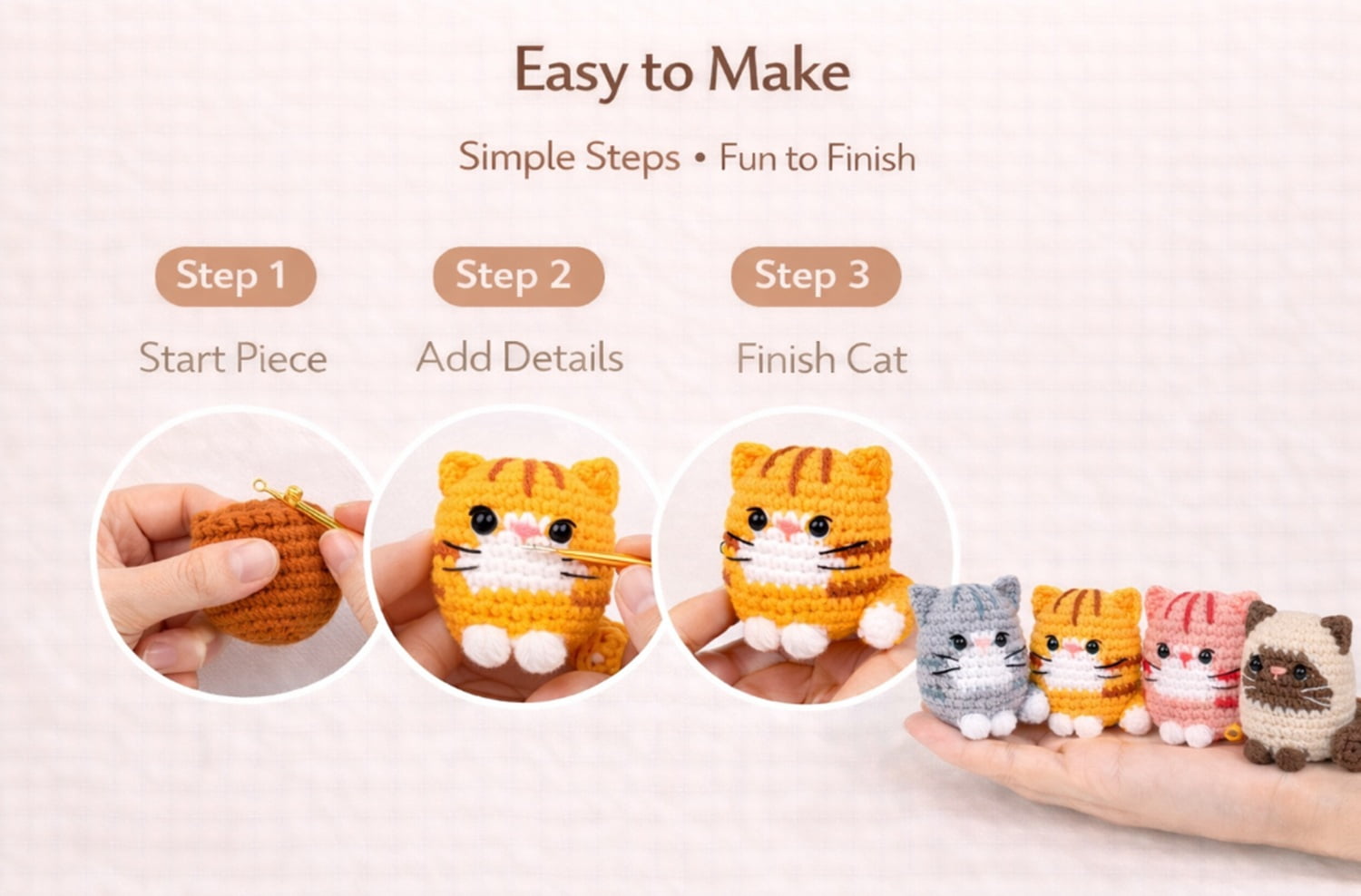 4 Pack Cat Crochet Kit for Beginners, Cat Amigurumi Starter Set with Step by Step Video Tutorials, TIKA