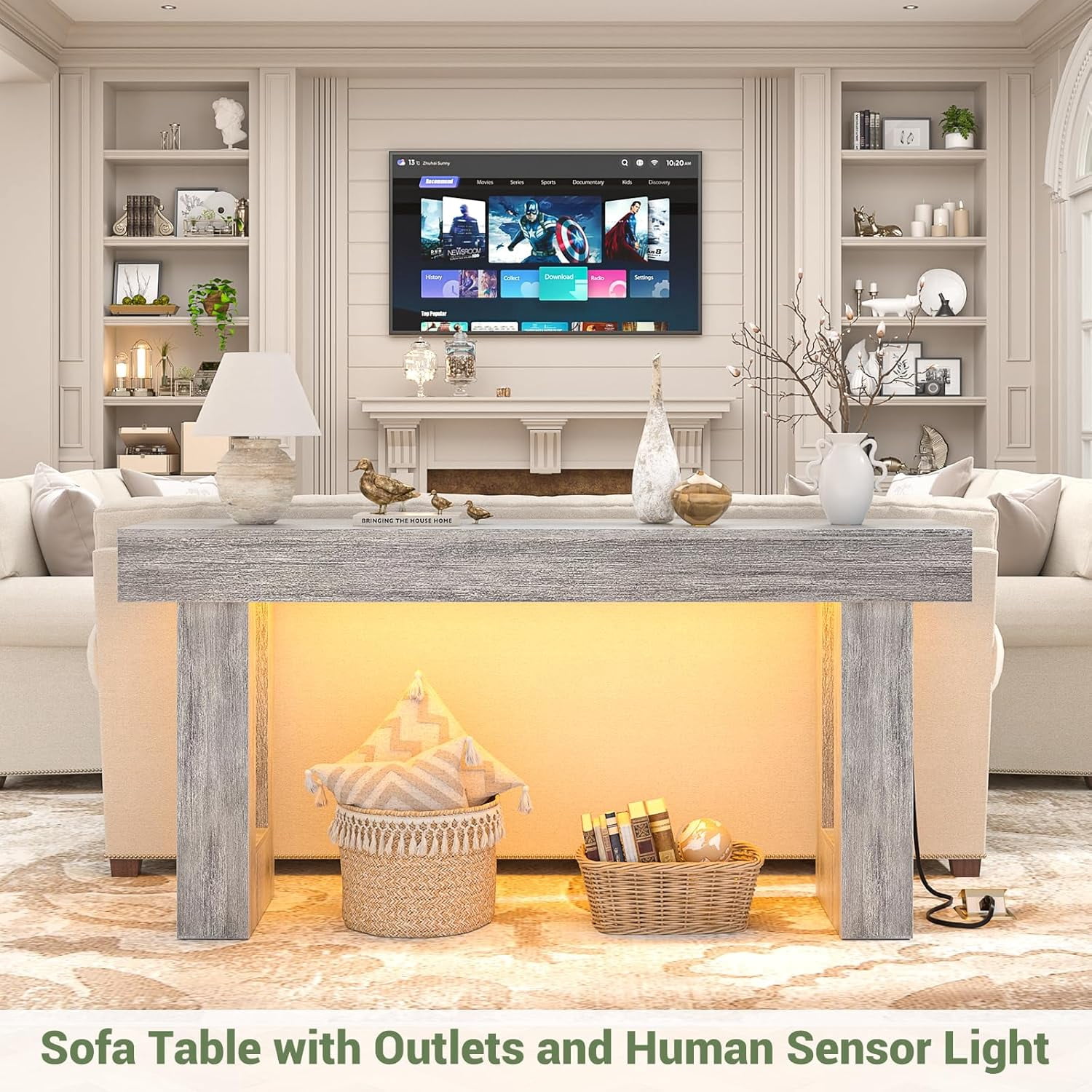 Homieasy 63'' Farmhouse Console Table with Power Outlets and Sensor Light, Wooden Entryway Table Narrow End Table with Storage for Entrance, Hallway, Living Room, Bedroom, Light Oak