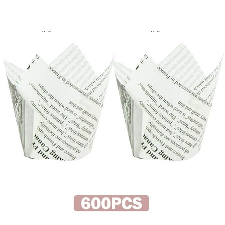 

600pcs Tulip Cupcake Baking Cups Muffin Baking Liners Holders Rustic Cupcake Wrapper(White(newspaper))