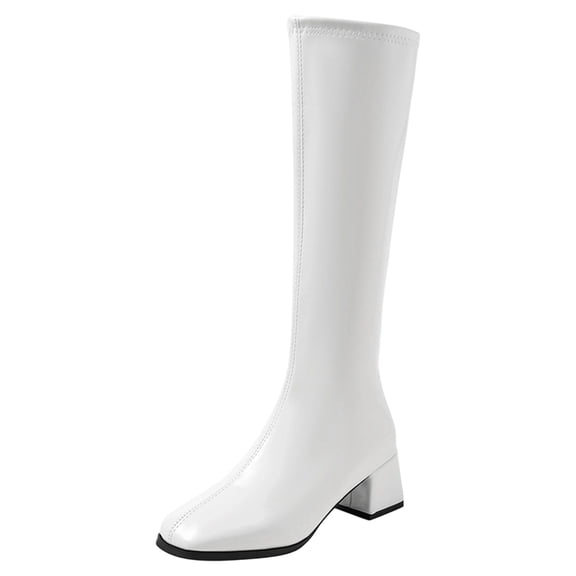 PFWOWB Women's Stretch Knee High Boots with Square Toe, Platform Wedge and Slim Shaft (White,6)