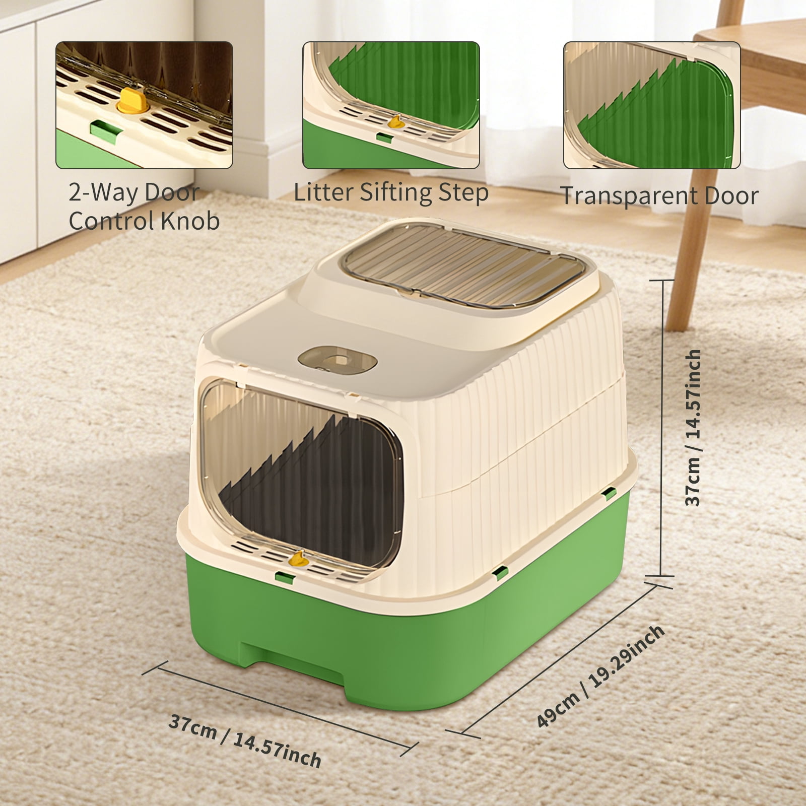 Green Fully Enclosed Cat Litter Box, Drawer Type Odor-Locking Litter Pan with Anti-Splash Design, Easy Clean Removable Cat Litter Tray for Cats of All Sizes, Multi-Cat Household
