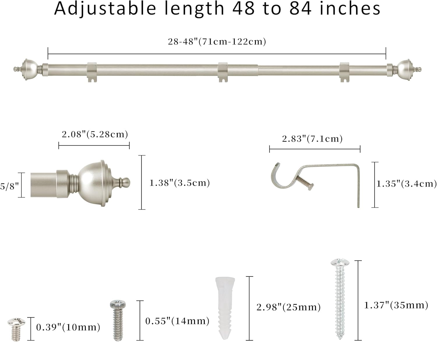 eTeckram 5/8" Single Curtain Rod with Royale Finials,Pewter,48‘’-84‘’