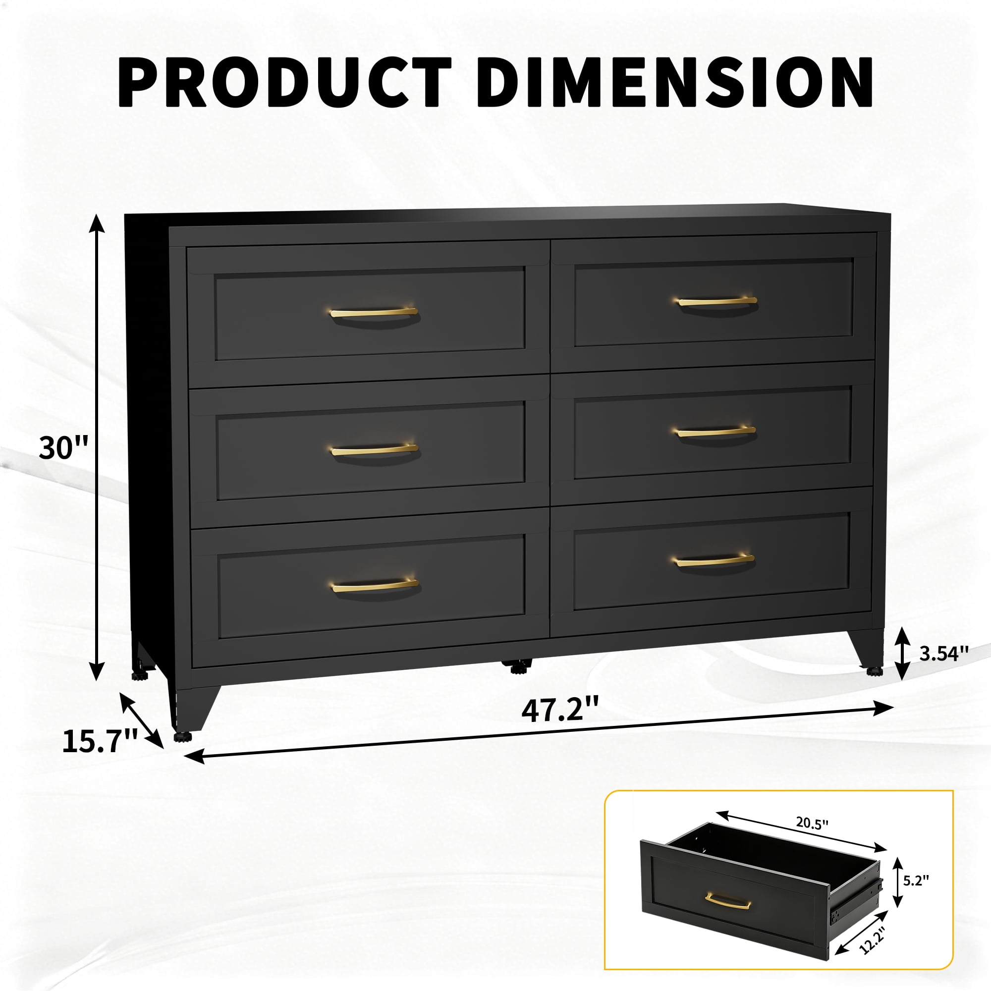 ShiKeyi 6 Drawer Dresser for Bedroom, Modern Metal Wide Storage Chest with Metal Handles and Legs, Black