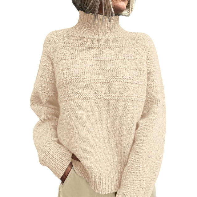 Suéter PRETTYGARDEN Otoño 2025 Cuello Alto Tejido Grueso Beige S
