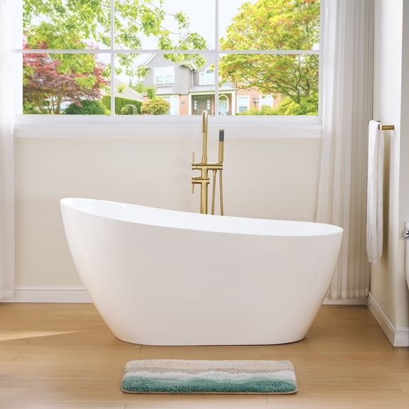 ANGELES HOME 59" Acrylic Freestanding Bathtub, Soaking White Bathtub with White Drain and Integrated Slotted Overflow Included, Glossy White