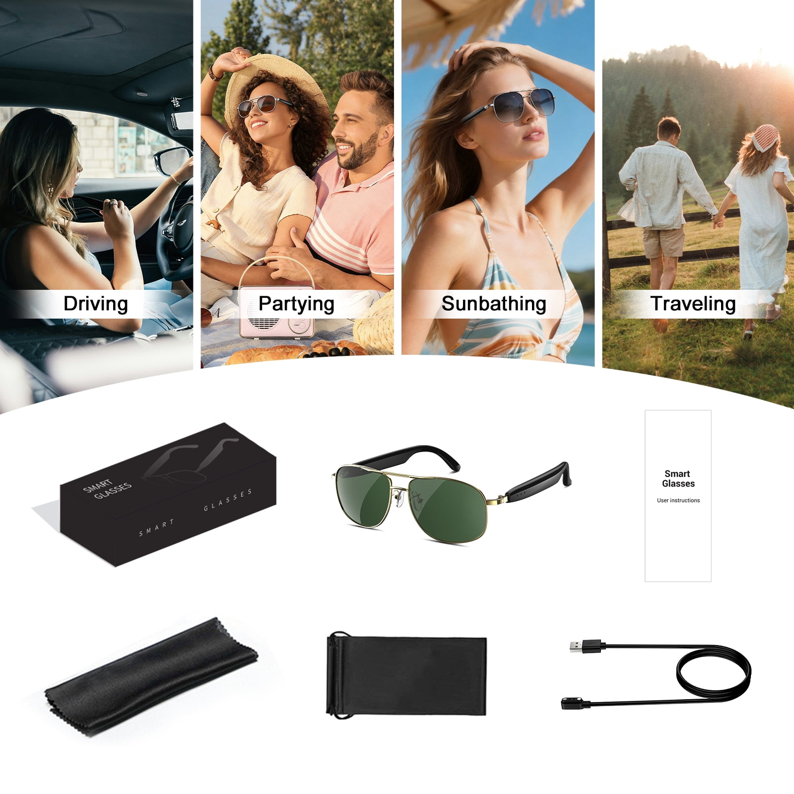 LUOMATE Smart Glasses with Bluetooth Audio, Sunglasses with Voice Assistant, Open Ear Speaker, LensTouch Control for Travel Work Business (Gold)