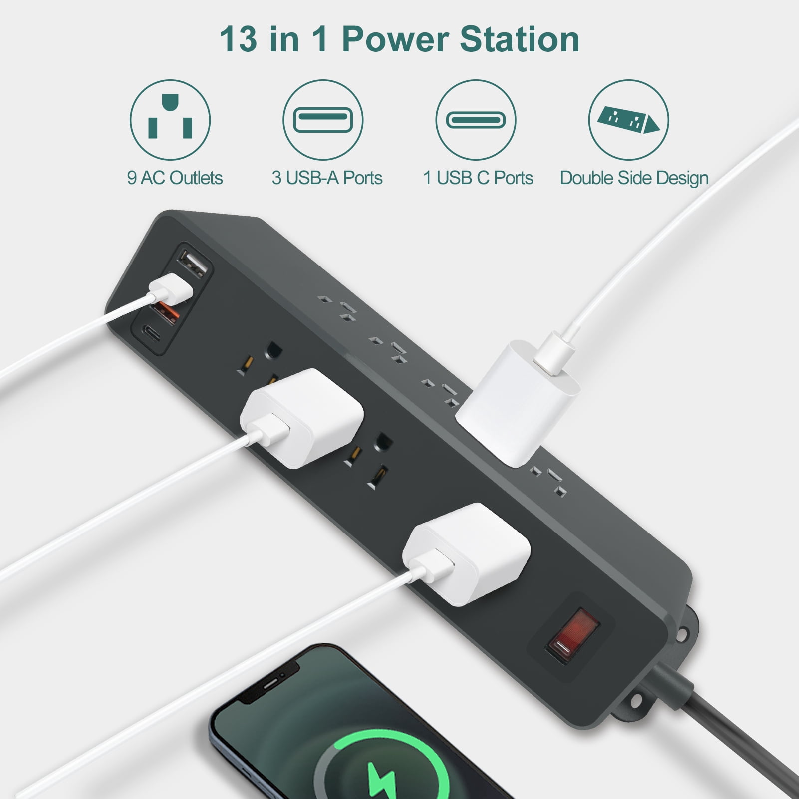9 Outlets Wall Mount Power Strip with Fast Charge USB C, 13-in 1 Electrical Outlets