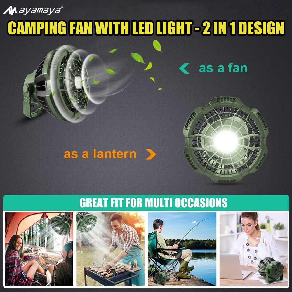 Rechargeable Camping Fan with LED Light & Remote Control, AYAMAYA 7800mAh  Portable USB Lantern Tent Fan for  Car Ceiling Green