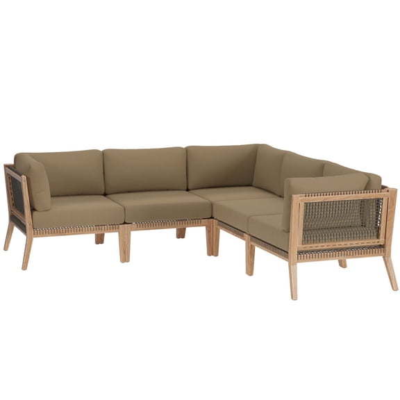 Lounge Sectional Sofa Set, Brown Natural, Teak Wood, Outdoor Patio Balcony Cafe Bistro Garden Hospitality Restaurant, Modern Contemporary HB34461