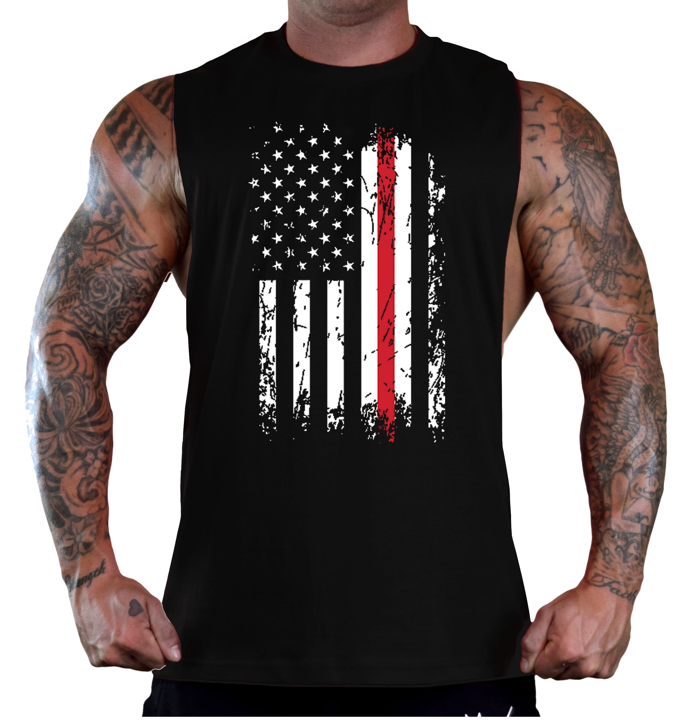 Men's Firefighter Thin Redline USA Flag Black Deep Cut T-Shirt Tank Top ...