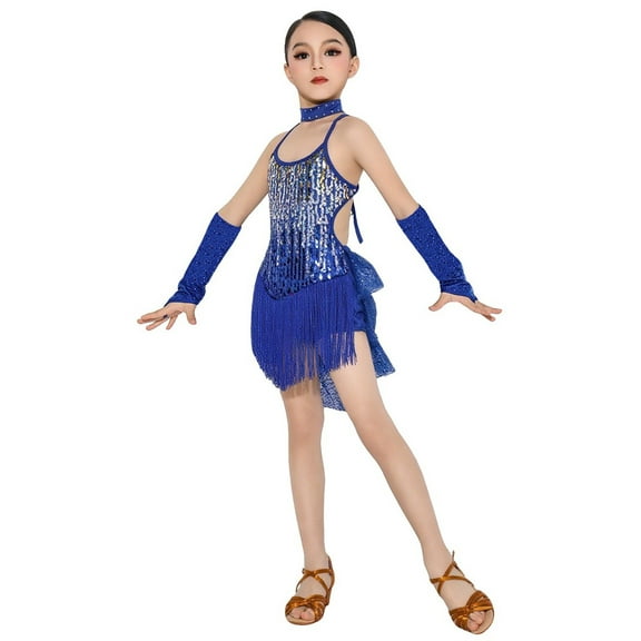 Auroural Girls Clothes 10-12 Girls Performence Dresses Children's Solid Color Sleeveless Sequin Tassel Jumpsuit Suspender Performance Suit With Sleeves And Necklace Set Blue 11 Years