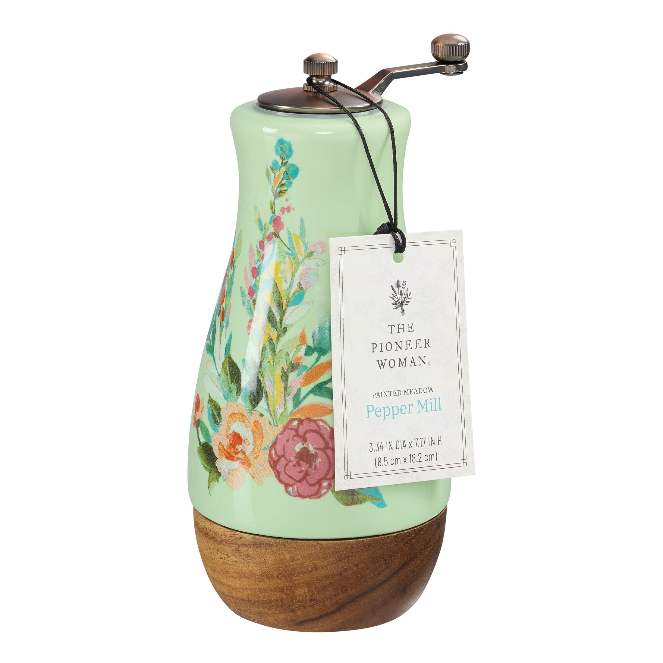 (2 pack) The Pioneer Woman Ceramic Painted Meadow Pepper Mill with Metal Grinder and Acacia Wood Base, A Practical Choice for Seasoning Storage and Serving