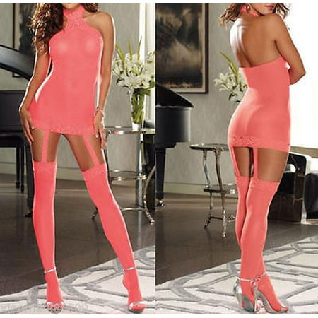 

ZQC Women 2PCS Lingerie Set Halter Off Shoulder Bodysuit with Stockings Thong