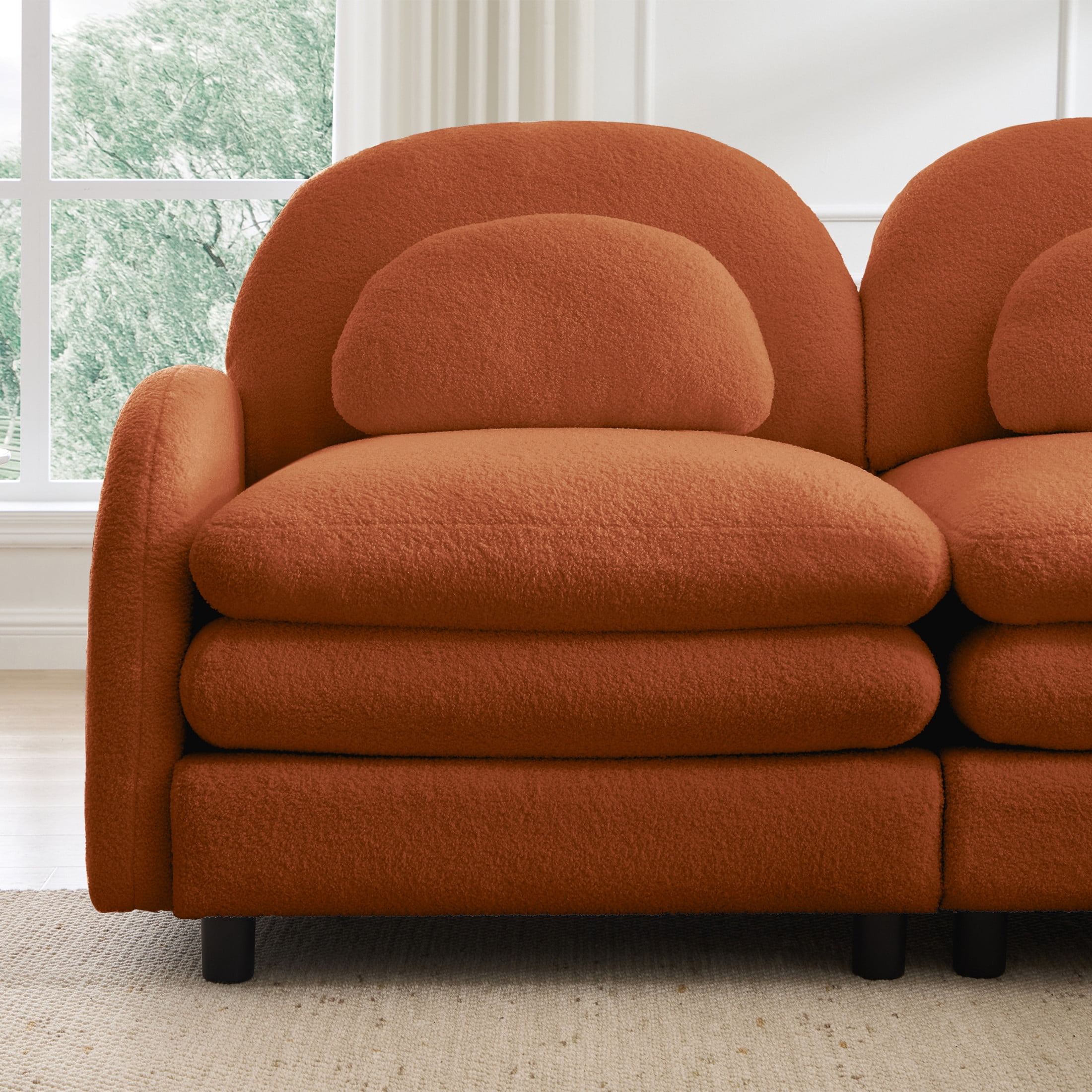 Noble House Windsor Teddy Fabric 4-Seater Sectional Sofa, Modular Cloud Couch with Lumbar Pillows, Orange