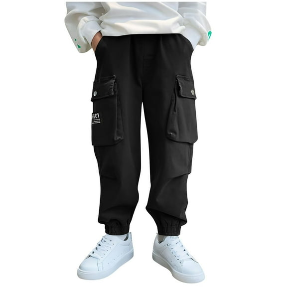 Edvintorg Boys Cargo Pants Streetwear Letter Printed Elastic Waist Casual Trousers with Pocket School Outfits 4-15 Years Boys Sweatpants