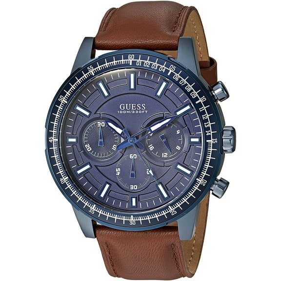 Guess Men's W0867G2, Chronograph,Blue Tone,Blue Dial,Stainless Steel Case,Leather Strap,Screw crown,100m WR