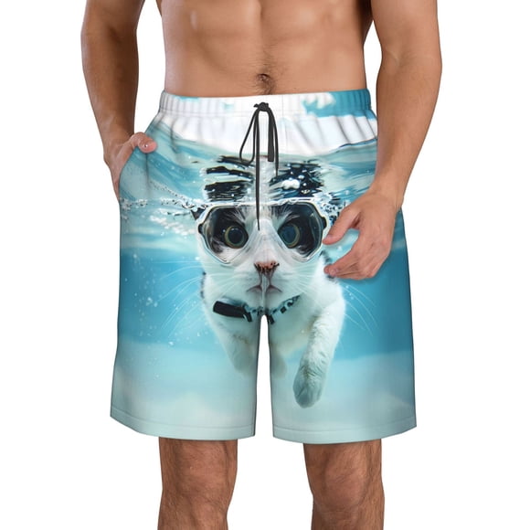 Cauagu Swimming Cat Goggles Print Men's Swim Trunks,Hawaiian Bathing Suit Swimsuits Beach Shorts with Pockets for Men Quick Dry Swimming Board Shorts-Medium