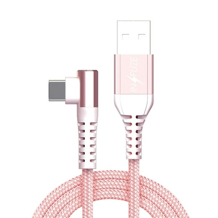 INFUZE USB Cable for Iris Flip (Consumer Cellular) - 90 Degree Right Angled Heavy Duty Rugged Nylon Type-C to Type-A (USB-C to USB-A) Fast Charger Sync Cable - 6.5 Feet - Rose Gold