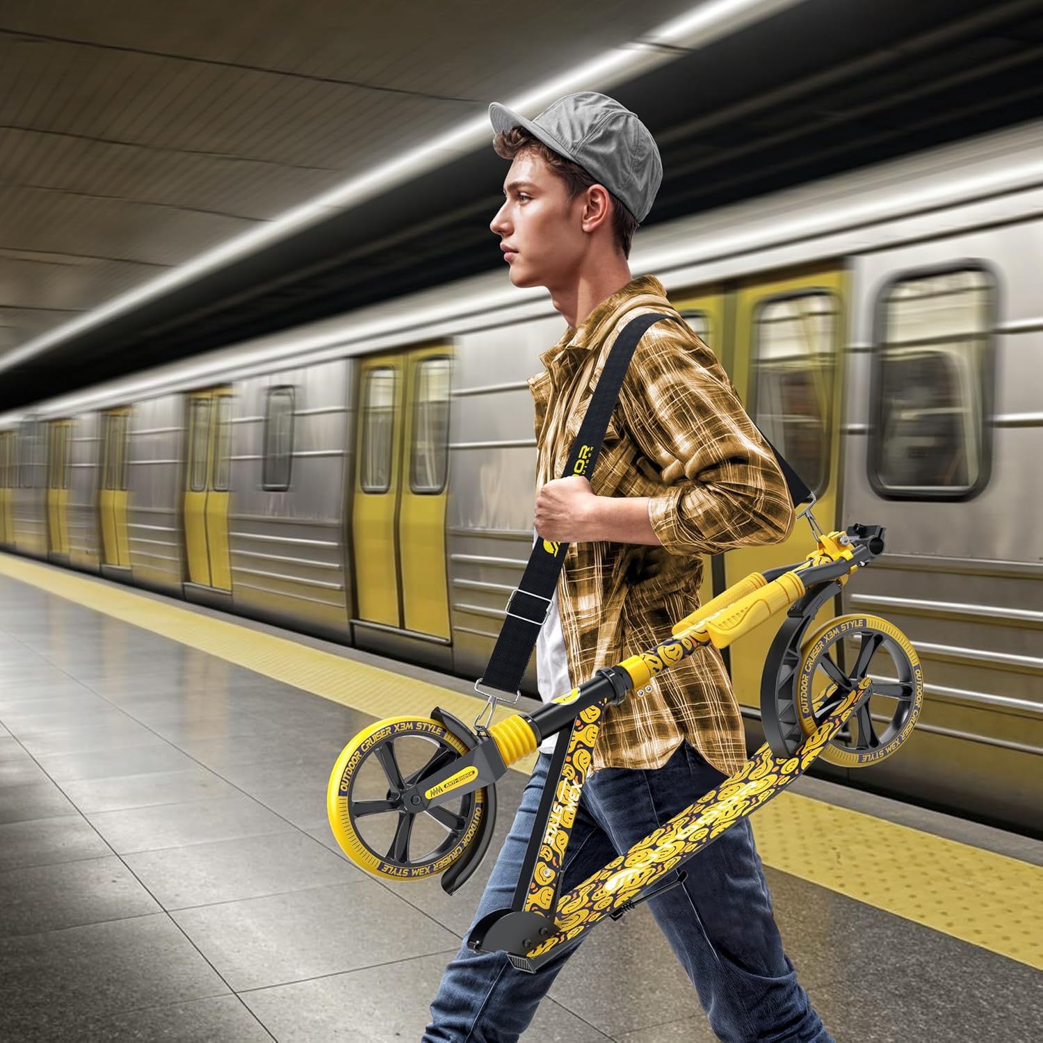 OutdoorCruiser Kick Scooter for Ages 6+, Kids, Teens & Adults, Foldable, Dual Suspension, 3-Level Adjustable Handlebar, Child Safety Approved, Yellow