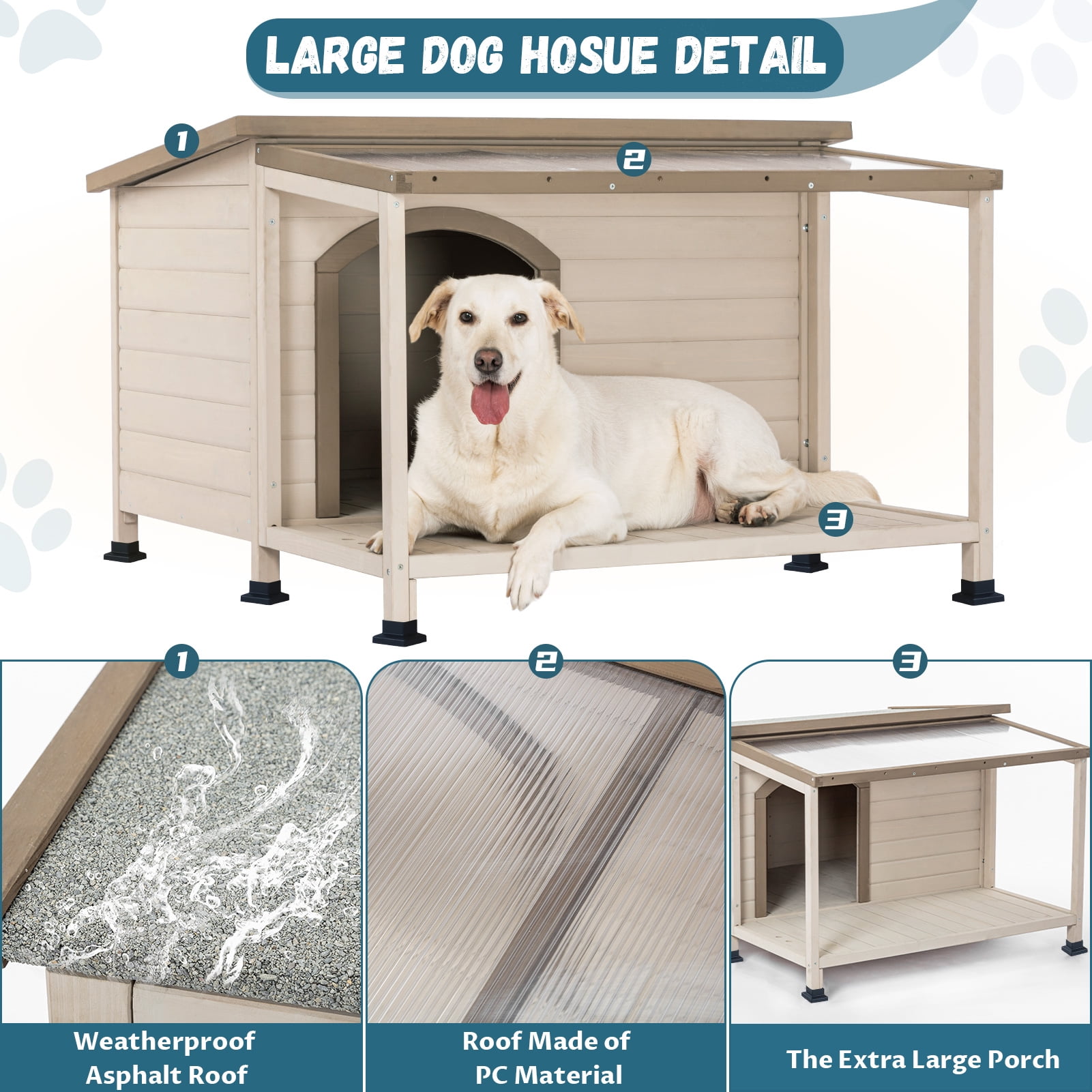 Petsfit Dog House, PVC Asphalt Roof Dog House for Large Dogs, Weatherproof Large Dog House with Extra-Large Terrace