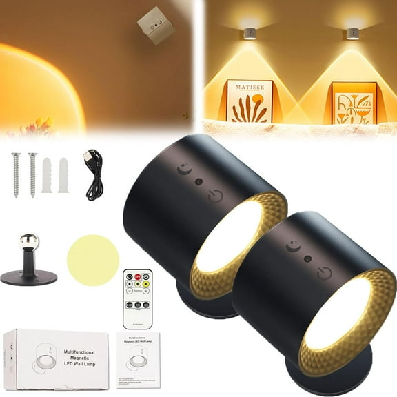 Smart Lights Wall Lamp, LED Wall Light for Pictures, Rechargeable 3 Color Temperatures Dimmable Magnetic 360° Rotation Cordless Wall Sconce for Study Bedroom Reading Hallway Bedside (2Set Black)