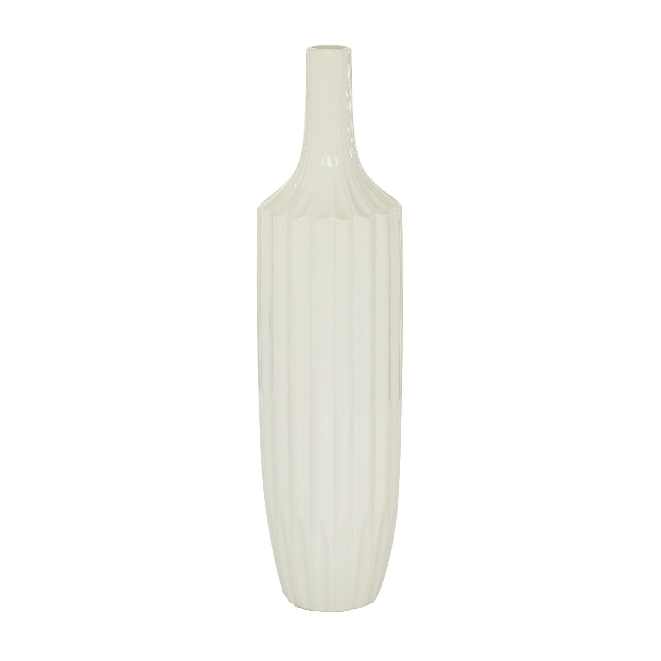 DecMode Modern Ceramic Tall White Decorative Vase with Vertical Groove Pattern 5"W x 19"H