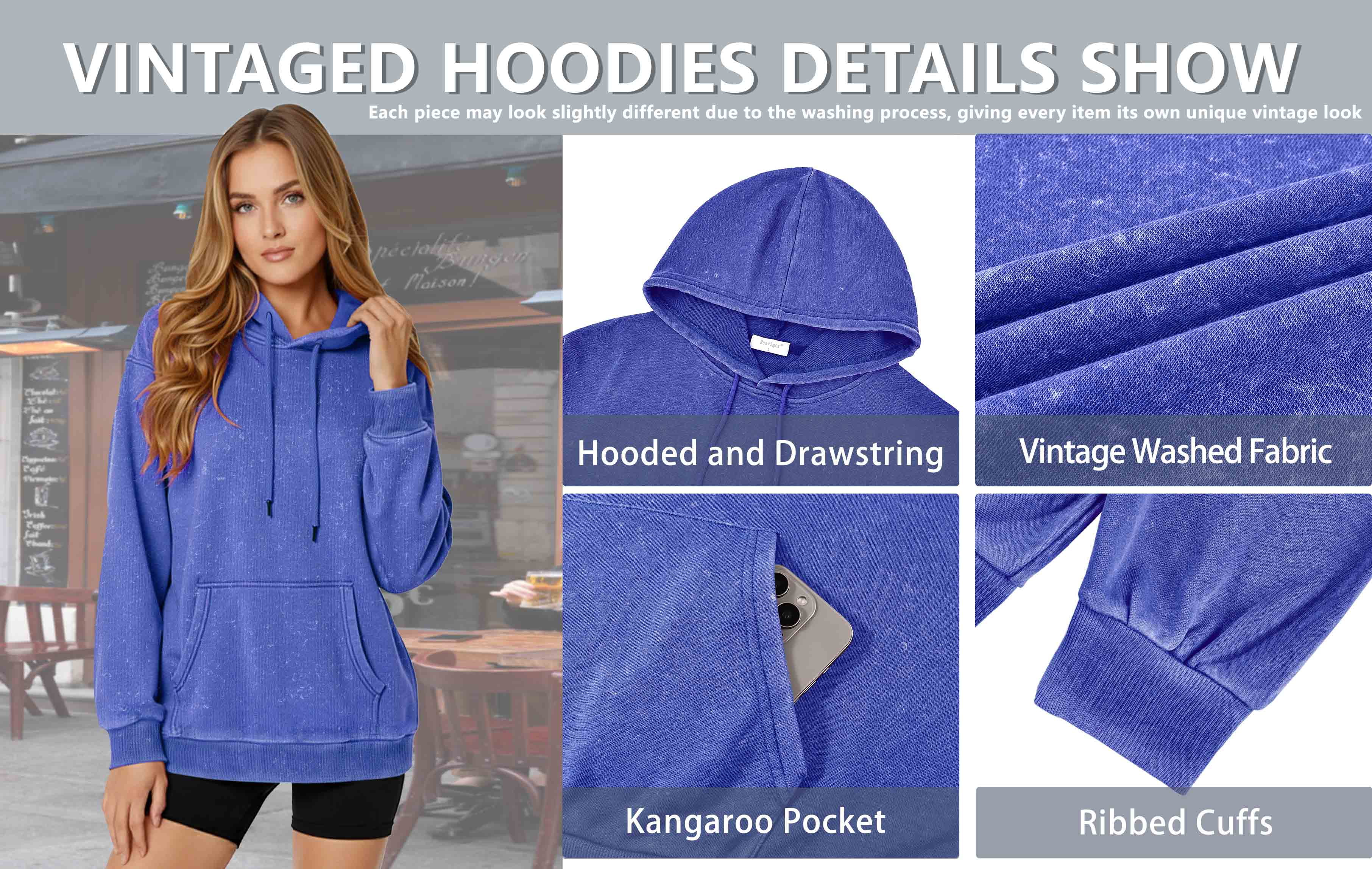 Rosvigor Vintage Hoodies for Women Acid Wash Hoodies Women Oversized Pullover Tops Streetwear Sweatshirts with hooded