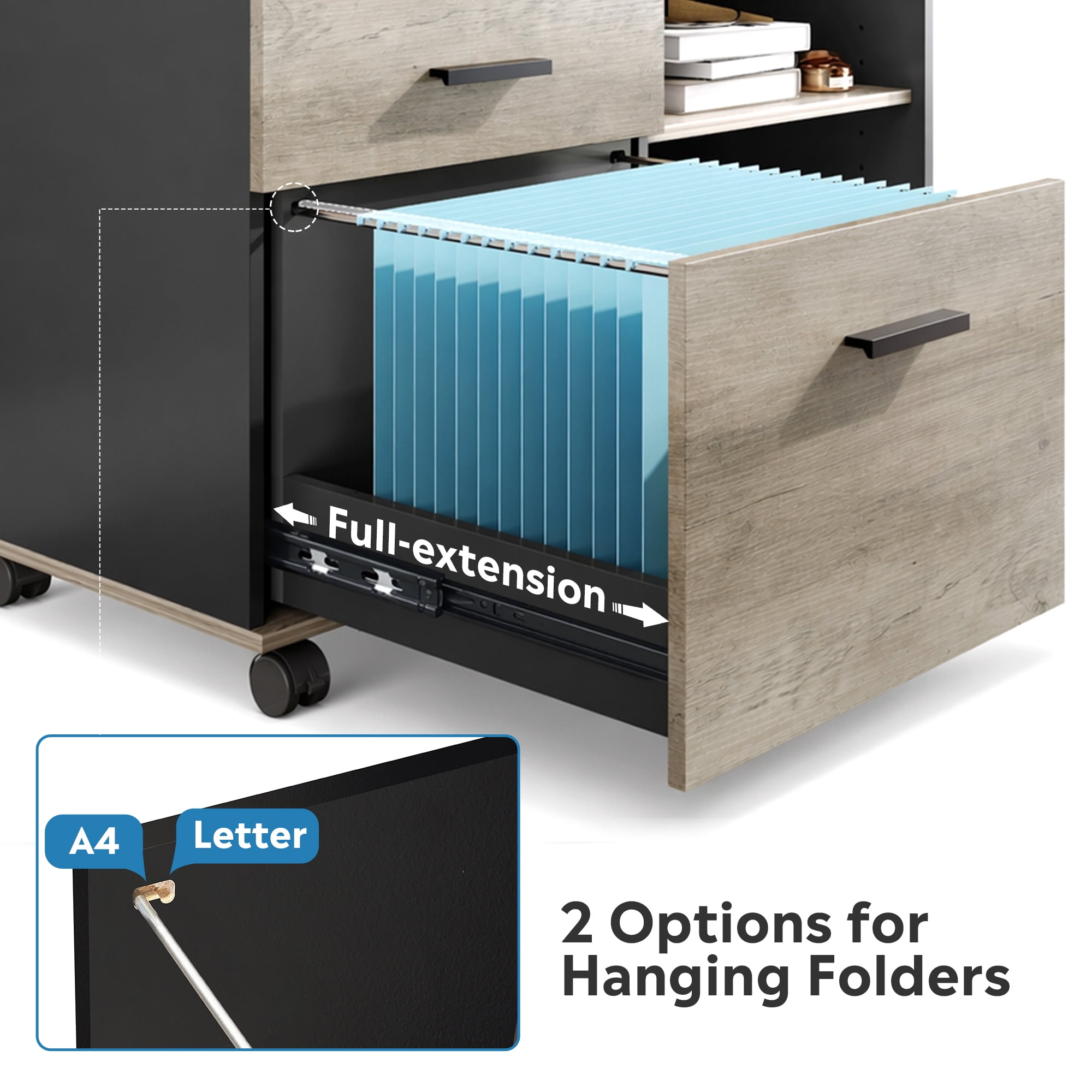 GALAXHERO 3-Drawer Filing Cabinet, Mobile Lateral File Cabinet, Printer Stand with Open Shelves, Wood Office Cabinet,Greige