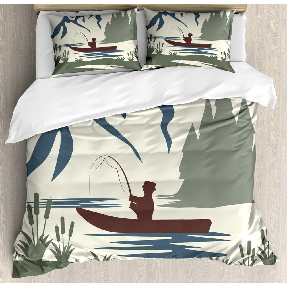 Fishing Theme Duvet Cover Set Queen Size, Abstract Man Angling on Boat