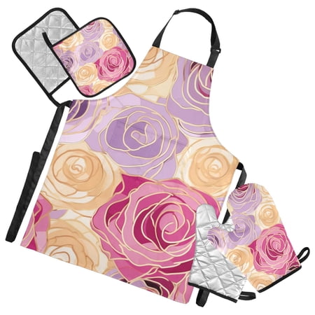 Blooming Roses Apron Set with Oven Mitts Pot Holders Set of 5 Kitchen Stuff Accessories